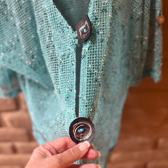 Hand crochet turquoise jacket w unique buttons XL NWOT - Picture 5 of 5